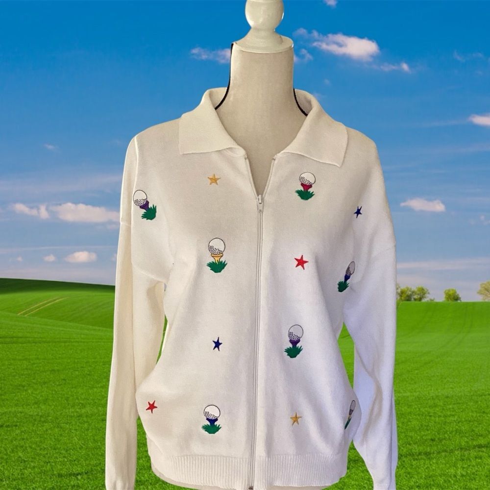 Vintage 90’s Golf Sweater Full Zip Cardigan Collar Novelty Appliqué White S
